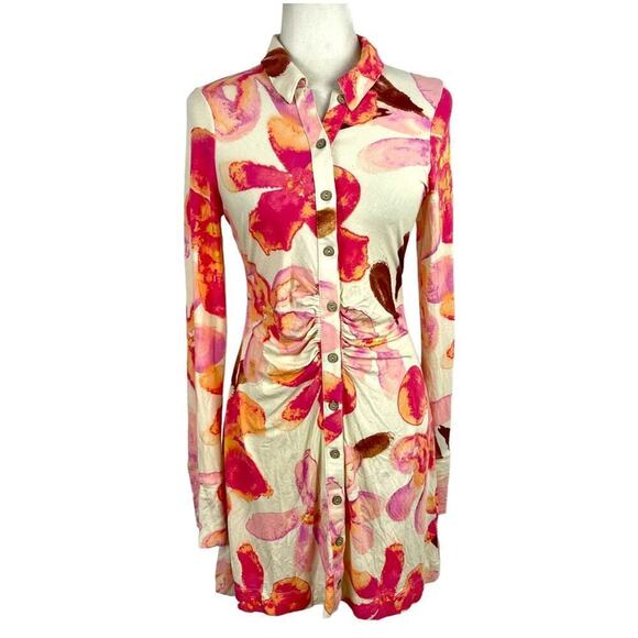 Free People Shayla Cream Floral Print Button Front Mini Dress Size Medium - Picture 2 of 15